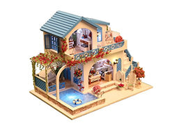Architecture Model Building Kits with Furniture LED Music Box Miniature Wooden Dollhouse Blue and White Town Series 3D Puzzle Challenge