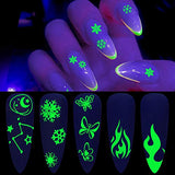 Luminous Christmas Nail Stickers - 3D Glow in The Dark Snowflake Nail Art Decals Self-Adhesive Fluorescence Snowflake Flame Butterfly Stars and Moon Nail Decorations for Xmas Party (5 Sheets)