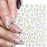 12 Sheets Gold Nail Art Stickers Silver Star Nail Decals 3D Self-Adhesive Nail Foil Flakes Metallic Star Moon Heart Geometry Nail Stickers Design for Women Girls Nail Supplies Manuicure Decoration