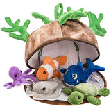 Prextex 5 Piece Set of Plush Soft Stuffed Sea Animals Playset with Plush Coral Reef House for Storage Includes Stuffed Octopus, Turtle, Stingray, Nemo Fish, and Blue Whale
