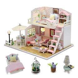 GuDoQi DIY Miniature Dollhouse Kit, Mini Dollhouse with Furniture, Tiny House Kit Plus Dust Cover and Music Movement, DIY Miniature Kits to Build, Great Handmade Crafts Gift Idea, Pink Loft