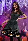 Halloween Women Vintage Lace Sleeve Midi Dress Swing Pumpkin Bat Party Costume Black XXL