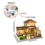 WYD 3D Wooden House Sakura Garden Japanese Assembled Doll House Kit with LED Light Miniature Furniture Kit for Family, Friends and Children