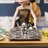Odoria 1/12 Miniature Metal Tea Cup Sets Teapot Set 8Pcs Dollhouse Decoration Accessories, Silver