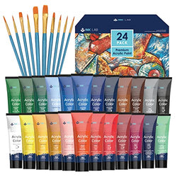 Acrylic Paint Set 24 Colors Craft Paints in Tubes with 10 Art Brushes Rich Pigment for Artists Beginners Kids Painting on Canvas Wood Fabric Crafts, 36ml/Tube