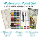Watercolor Paints Set, 51 Watercolors and 7 Essential Painting Accessories in a portable Metal Box. Includes Classic, Neon, and Metallic Colors. A complete Travel watercolor set for Artists and Hobbyists.