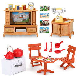 Miniature Dollhouse Furniture, 1:12 Scale Doll Table Chair TV Cabinet Set, Living Room Kitchen Pretend Play Toys with Cooktop Kettle Telephone, Mini House Accessories for Birthday Christmas Party Gift