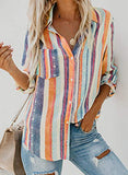 Astylish Women Striped Button Down Long Roll up Sleeves Work Shirt Blouse Tops Orange X-Large