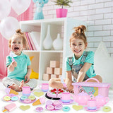 Toy Kitchen Pretend Play Set Play Food Toy Set for Kids 54 PCS with Tea Toy for Party Accessories,Chef Hat and Matching Pink Apron for for Kids,Toddler Toy Gift