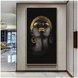 African Black Gold Woman Art Paintings Wall Art Posters and Prints Black Canvas Pictures Home Decor Stretch and Frame