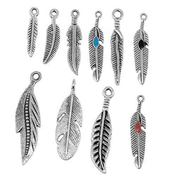 RUBYCA 10PCS Tibetan Silver Color Mix Feather Pendants Charms Bracelet Necklace Making Jewelry