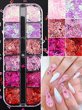 Kalolary 24 Grids Holographic Heart Nail Art Glitter Sequins, Laser Heart Letter Confetti Glitter Flakes, Colorful Sparkle Glitter Paillettes for Valentine's Day Makeup Nail Art Decoration