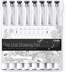 Fineliner Drawing Pen, Ohuhu Set of 8 Pack Ultra Fine Line Drawing Markers, 8 Assorted Tip Sizes, 7 Fine Tip Markers with a Brush Tip, Black Ink for Markers Painting, Back to School Gift Card Writting