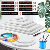 ESRICH 24 Pack Canvases for Painting with 4x4", 5x7", 8x10", 9x12", 11x14", 12x16", Round Canvas with 12x12", 8x8", 3 of Each, Painting Canvas for Oil & Acrylic Paint