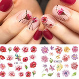 Flower Nail Art Stickers Decals Summer Nail Decorations Blooming Flower Nail Stickers Decals Water Summer Sliders Chrysanthemum Peony Design for Manicure 12 Sheets