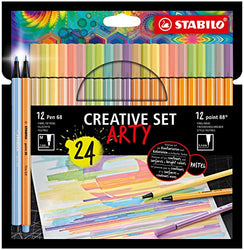 STABILO Fineliner + Premium Fibre-Tip Pen point 88 + Pen 68 - ARTY - Pack of 24 - Assorted Pastel Colours