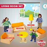 Dragon Drew Dollhouse Furniture Set - Wooden - Living Room, Bedroom and Kitchen Accessories, Family Members, Pet – 100% Natural Wood, Nontoxic Paint, Smooth Edges