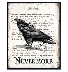 Edgar Allan Poe Gifts - The Raven - Nevermore - Creepy Poetry Poem Wall Art - Goth Room Decor - Gothic Home Decor - Vintage Rustic Decoration - 8x10 Retro Poster Print - Faux Wood Sign Plaque Poster