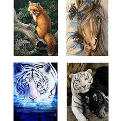 4 Pack 5D Full Drill Diamond Painting Kits,Fox Horse Tigers Animals Rhinestone Embroidery Paintings Pictures Arts Craft for Home Wall Decor, 12 X 16 Inch (Four Paintings)