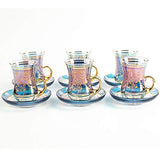 Vintage Turkish Tea Glasses Cups and Saucers Set of 6 with Handle Gold Decors for Serving and Drinking Housewarming Gift for Home 3.45 oz (100 ml) (Art Design1)