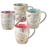 Christian Art Gifts Ceramic Coffee/Tea Mug Set for Women | Vintage Botanic Floral Inspirations Design Bible Verse Mug Set | Boxed Set/4 Coffee Cups