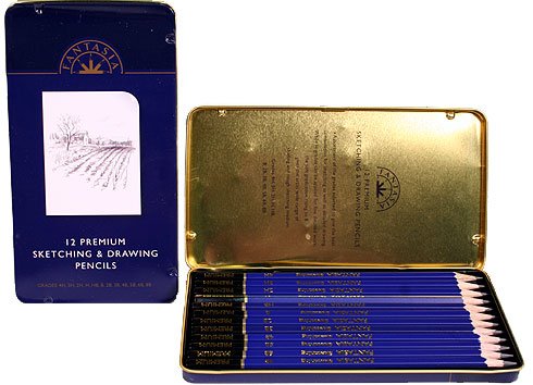 12 Fantasia Sketch & Drawing Artist Pencils in Tin Storage Case ~Great Gift!