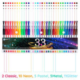 Gel Pens, 33 Color Gel Pen Fine Point Colored Pen Set with 40% More Ink for Adult Coloring Books, Drawing, Doodling, Scrapbooks Journaling