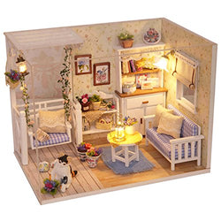 Ogrmar Wooden Dollhouse Miniatures DIY House Kit with Cover and Led Light-Cat Diary
