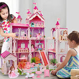 Dollhouse with Light, Castle Doll House 4 Floors 11 Rooms, 40.5"(H) 38"(L) 22.5"(W), Dreamhouse with 1 Doll and 48pcs Furniture & Accessories, Pretend Play Doll Crafting Toy for Girls