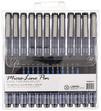 Ryte Pens Precision Micro-Line Fineliner Pens - Technical Drawing Pen Set of 12 - Blue Barrel, Black Ink - Fine to Ultra Fine Tip Widths Plus Brush Marker - Illustration, Drafting, Outline, Sketching