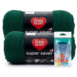 Hunter Green - Red Heart Super Saver Yarn 2-Pack (7oz Each) Bundle with Benzy Stitch Markers (20ct)