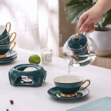 Clear Glass Teapot Tea Set with Removable Infuser,Includes 4 Ceramic Tea Cups and Saucers,1 Ceramic Warmer Base,Glass Tea Kettle with Strainer, Blooming Loose Leaf Tea Pot - Stovetop Safe