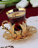 Turkish Tea Glasses Set with Decorated Metal Glass Holders, Saucers, Sugar Bowl with Lid & Serving Tray for 4 Ppl, 3.3 Oz (Gold)