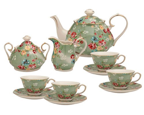 Gracie China by Coastline Imports Shabby Rose Green 11-Piece Tea Set