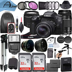 Canon EOS 90D DSLR Camera 32.5MP Sensor with EF-S 18-55mm is STM + EF 75-300mm Daul Lenss + 2 Pack SanDisk 32GB Memory Card + Backpack + Full Size Tripod + A-Cell Accessory Bundle (Black)