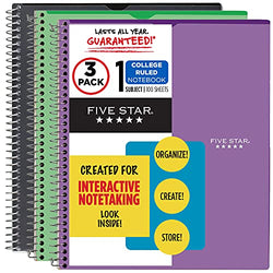 Five Star Interactive Notetaking, 1 Subject, College Ruled Spiral Notebook, 100 Sheets, 11" x 8-1/2", Customizable, Black, Electric Green, Royal Purple, 3 Pack (820041-ECM)
