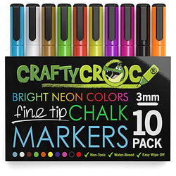 Chalk Markers Fine Tip 3mm by Crafty Croc - (Precise Tip, 10 Neon Colors) - Erasable Dustless