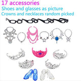 BJDBUS 18 Pcs Clothes and Accessories for 11.5 inch Girl Doll, Blue Princess Dress with 2 Shoes , 6 Necklaces , 5 Crowns , 4 Glasses, 1: 6 Doll Playset Royal Party Gown