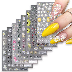 Baoximong 8 Sheets Flower Nail Art Stickers Decals Spring Daisy Nail Decals 3D Self-Adhesive Nail Art Supplies Colorful Floral Design Nail Accessories for Women Acrylic Nail Decorations