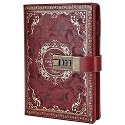Vintage Leather Journal Notebook with Combination Lock, B6 Embossed Flower Secret Diary Ruled Lined Paper for Writing, Gift for Women Girls Children (Wine)