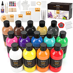 14 Colors 8.45oz Acrylic Pour Paint Supplies Kit, Large Volume Premixed High Flow Painting Bulk Set Including Canvas, Wood Natural Slices, Pouring Oil, Tools Gloves, Strainer, Cups for Beginner DIY