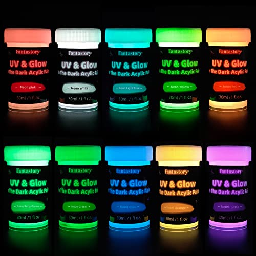 Fantastory Glow in The Dark Paint ,10 Extra Bright Colors 30 ml / 1 oz Glow  in Dark Paint Glow Paint for Halloween Decoration, Art Painting 