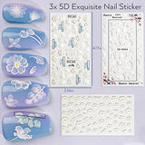 Nail Art Stickers, Smallbudi 5d Exquisite Pattern Nail Art Supplies, Self Adhesive Nail Art Decoration White Lace Rose Flower Leaf Feather Carving Design Acrylic Nail Art 3 Sheet