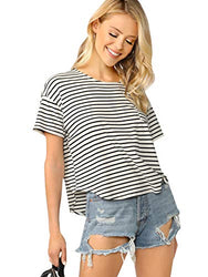 Romwe Women's Striped Short Sleeve Drop Shoulder Curved Hem Summer Tee Tops White XS