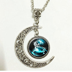 Charm Crescent Moon Blue Dragon Necklace, Fantasy Necklace, Dragon Pendant, Fairy Garden, Gifts for