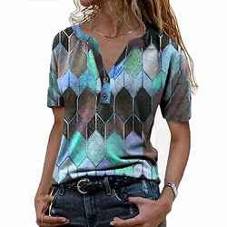 LIWEIKE Women V Neck Tee Shirts, Womens Fashion Geometric Print Buttons Long Sleeve Blouse T-Shirt Pullover Henley Shirt (Blue 04, Medium)