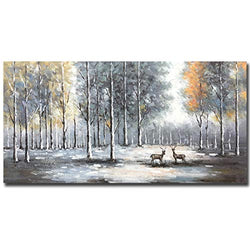 Boieesen Art,24x48inch 100% Hand Painted Deer in Winter Forset Tree Oil Paintings Abstract Landscape Nature Animal Canvas Artwork Oil Hand Painting for Living Room Office Dinning Room Home Wall Décor