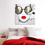 Contemporary Wall Art Modern Fashion Women with Red Lip Canvas Print Stylish Feminine Wall Art Painting Framed Cityscape Piture Ready to Hang for Home Decoration (40x40inch)