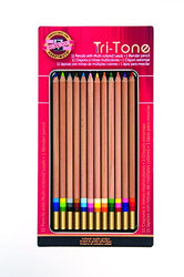 Koh-I-Noor Tri-Tone Multi-Colored Pencil Set, 12 Assorted Colors in Tin and Blister-Carded