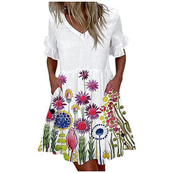Ulanda-Dresses for Women, Women's Casual Dresses Summer Flowers Bell Sleeve Ruffle Hem Loose Swing Tunic Midi Dress